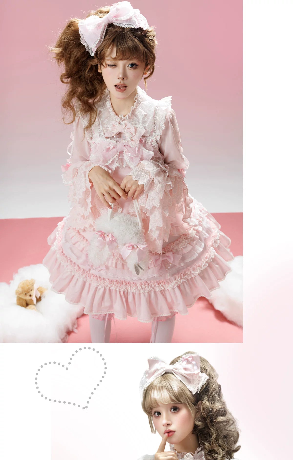 Pink and blue long-sleeve blouses with lace fronts, ruffled cuffs and ribbon details