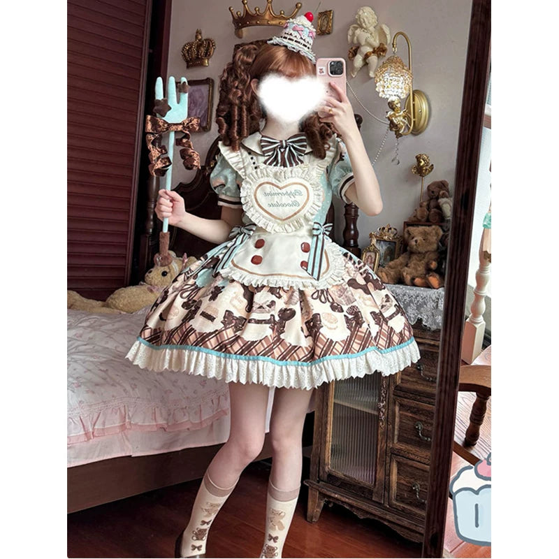 Creamy - Mint Chocolate Kitchen - Mint-and-Cream OP Dress with Apron and Bow