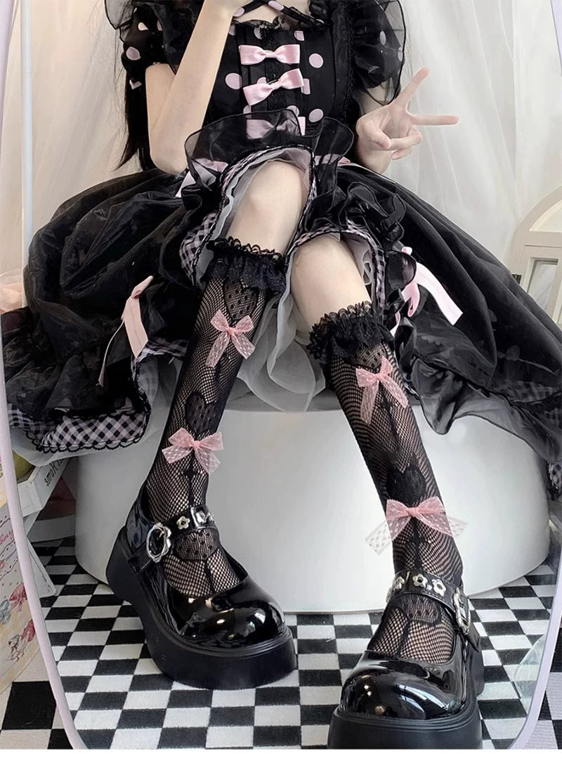 Floral Milk Cat - Ballet Bow - Lace-trimmed ribbon socks