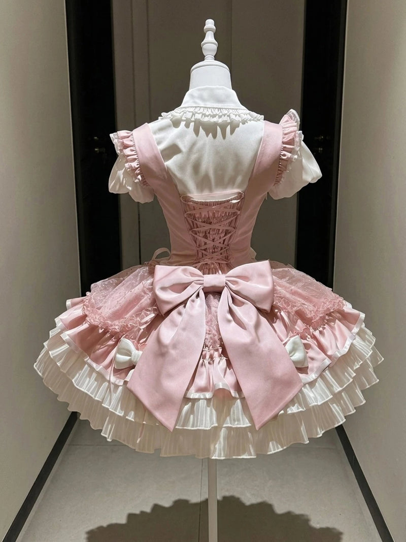 Creamy - White Pink Heartbeat - Short-Sleeve Blouse and Bustier Skirt Set with Large Bow and Sash