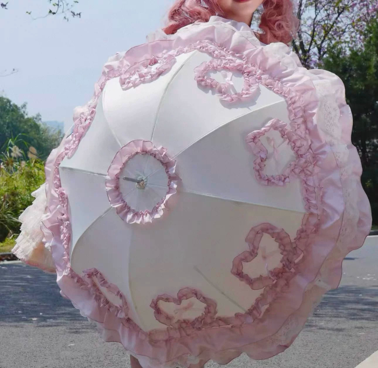 Independent Brand - Lace Parasol Collection - Ruffled Lace Parasol with Decorative Handle