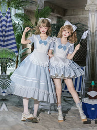 With PUJI - Seven-Day Bell - Blue Classic Lolita Striped OP Dress, Sailor Collar - Long OP 4-piece set (Long OP + apron + bow brooch + Void white bow hair clip) In stock / S