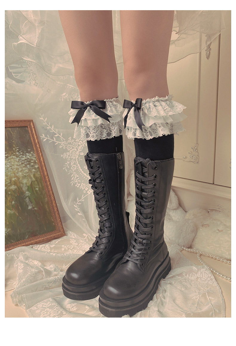 WAGUIR - Cotton Lolita Bow Socks with - Layered Lace Trim Socks