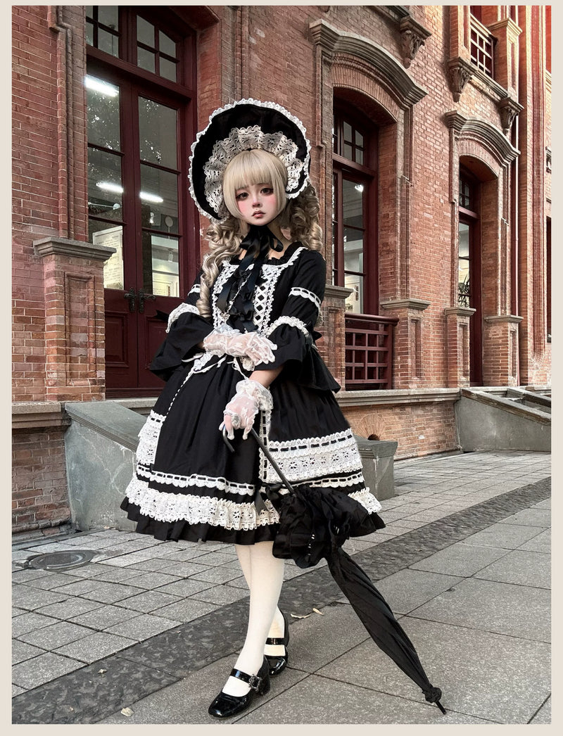 TaTaTa Lolita - First Otome - Black Old School Lolita OP Dress, Lace Details