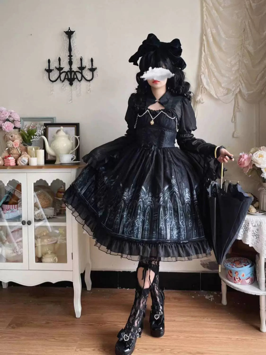 Sweetheart Dream Machine - Silent Night Cathedral - Black JSK Dress with Gothic Cathedral Print