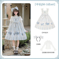 With PUJI - Iris - Lolita JSK Dress, Embroidery & Print - Mid-length JSK 3-piece set (Mid-length JSK + Headband + White Knit Top) - Pre-order, ships from Nov 6 / S