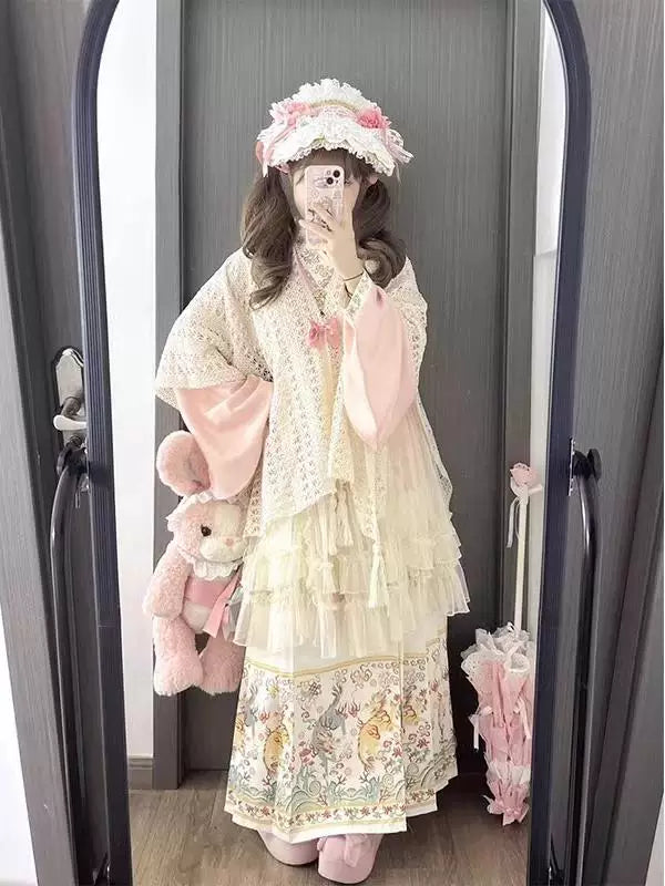 Creamy Hanfu-inspired mamian skirt set with pastel print, shawl and layered Lolita styling.