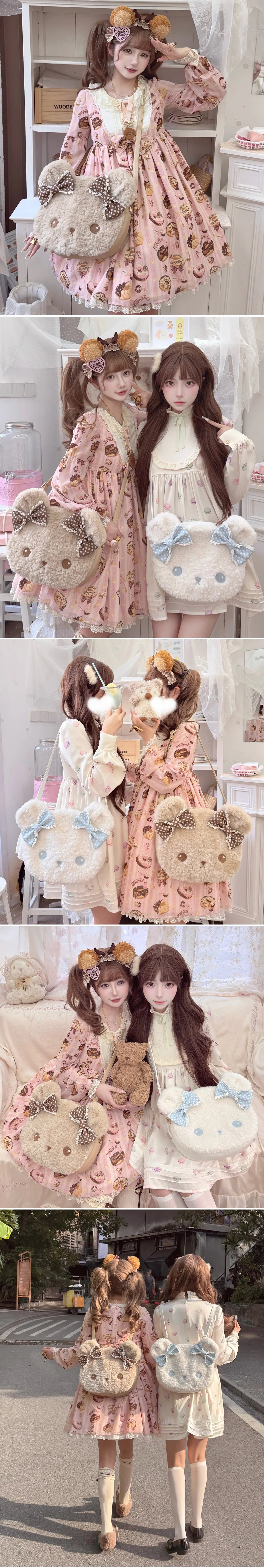 sheeppuff - Bear Biscuit - Plush Bear Bag with Polka-Dot Bows