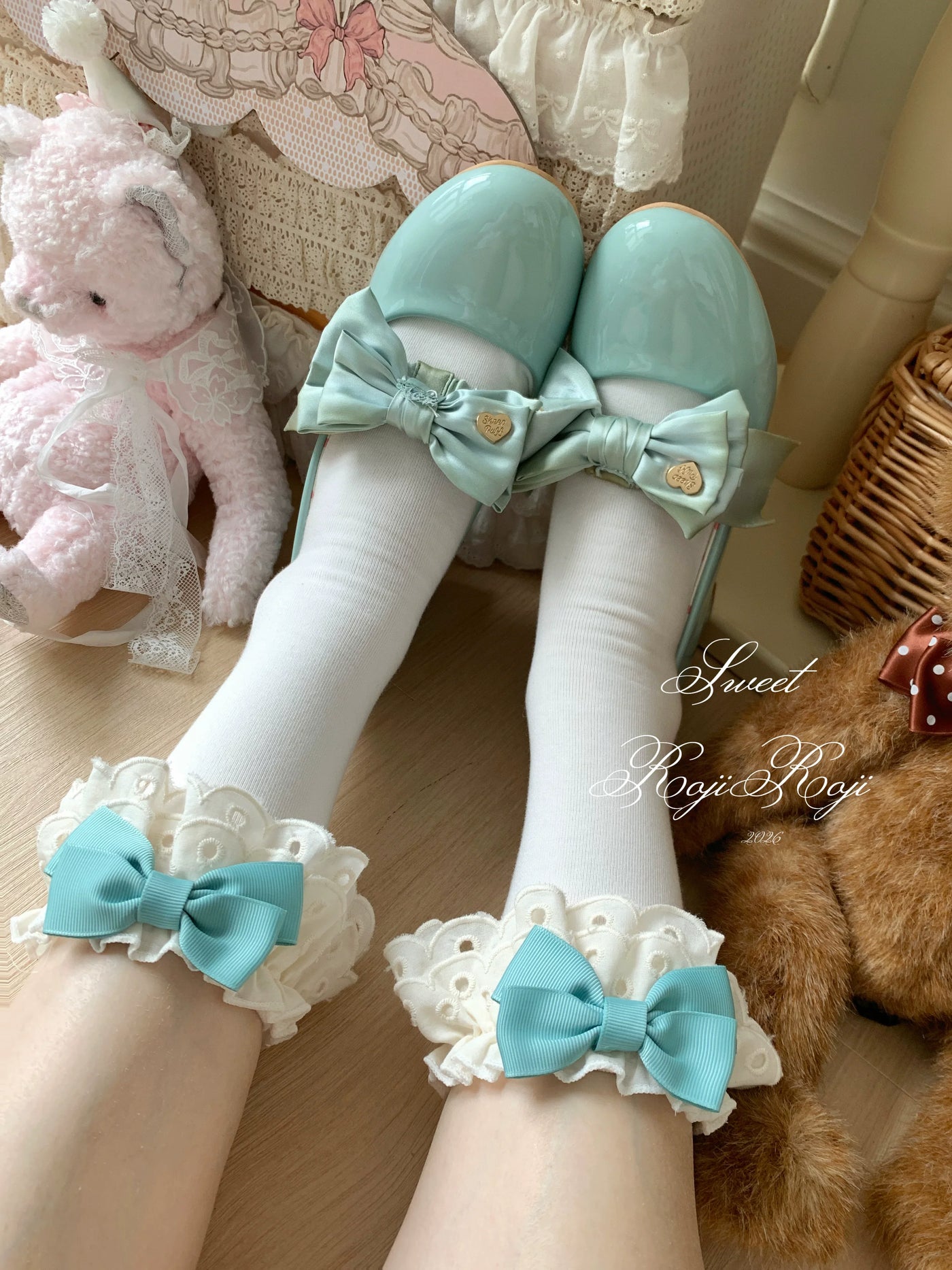 Roji Roji - Cotton Classic Lolita Calf Socks - Double Layer Trim & Bow Socks