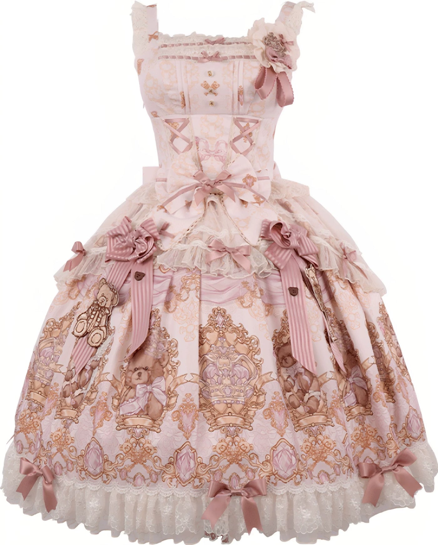 OCELOT - Antique Teddy Bear - Classic Lolita Printed JSK Dress with Ribbon Bows