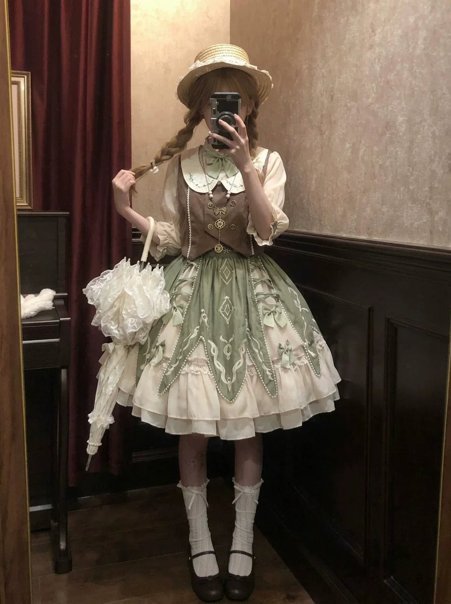 Creamy - Green Countryside - Blouse Set with a Vest and Short Skirt