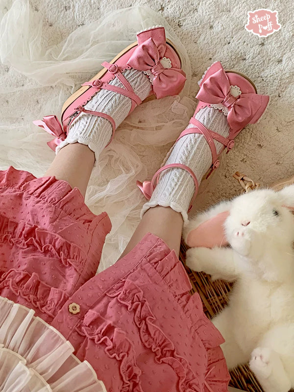 Sheep Puff Satin Platform Lolita Shoes featuring a sheep puff design and elegant satin finish, ideal for fashion-forward styles.