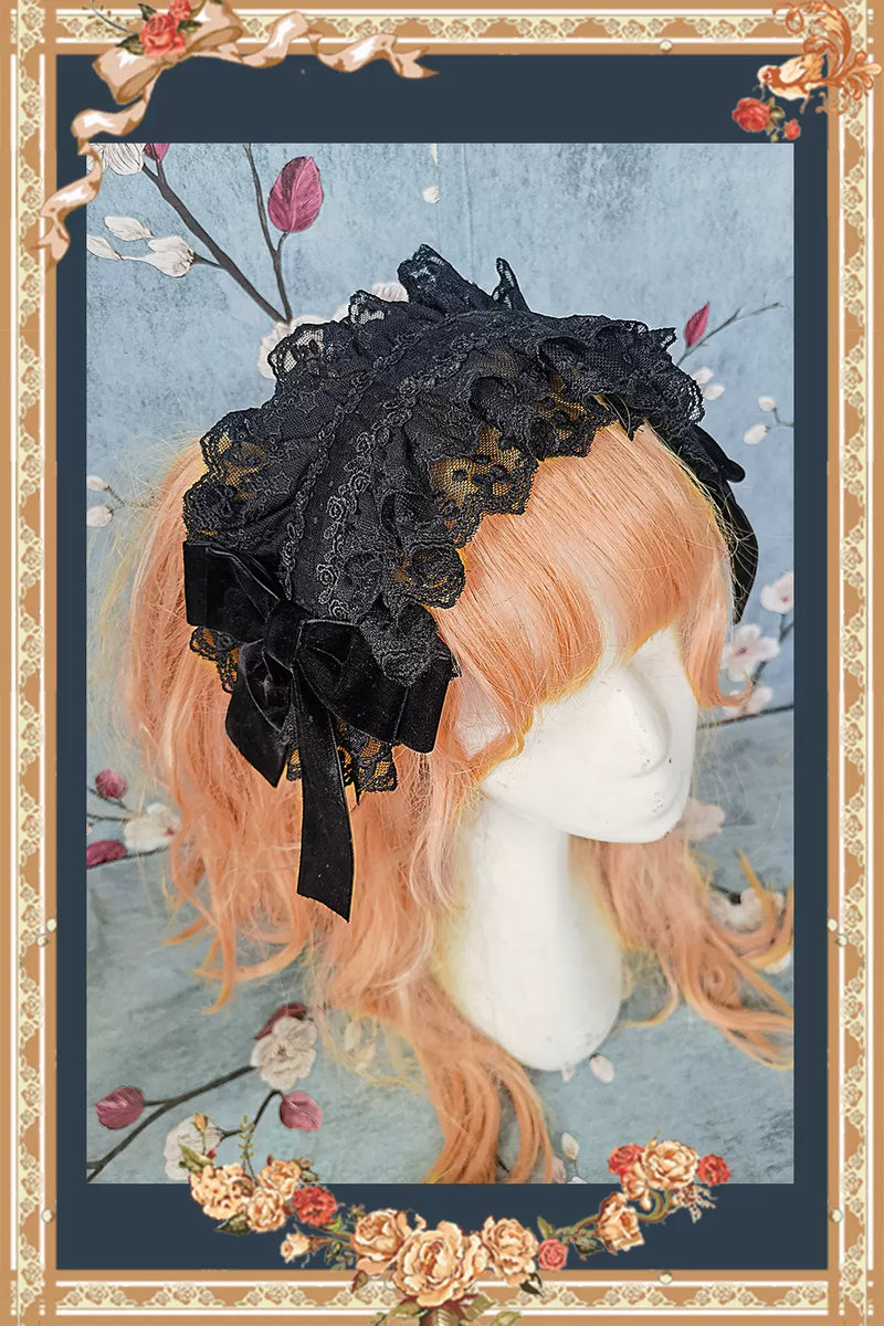Cake Tree - Classic Lolita JSK Dress Tiered Lace Dress S Bow Hairband-Black