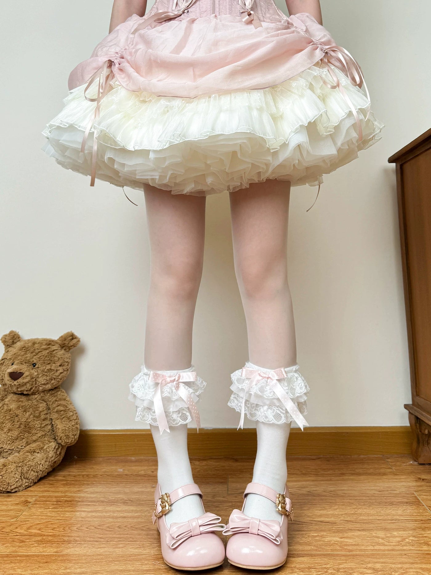 Chubby Bear Tales - Strawberry Doll - White Lace Ankle Socks with Polka-Dot Ribbon Bows