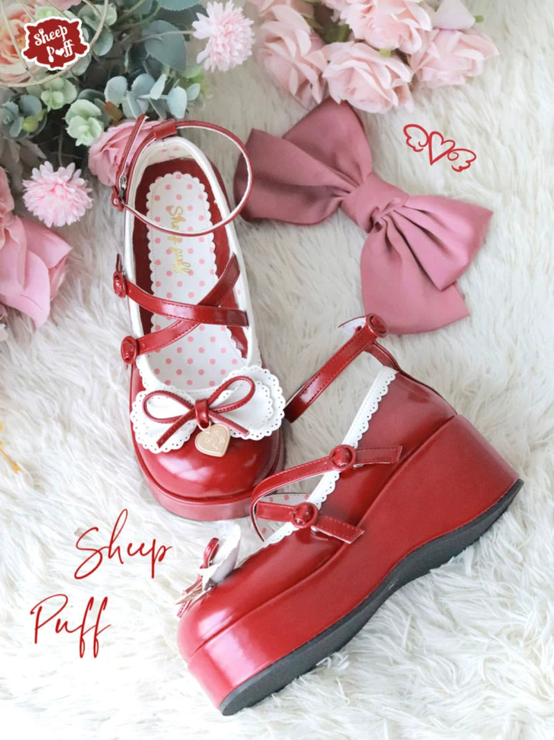 Sheep Puff Sweetheart Thick Roll Platform Lolita Shoes featuring a cute sheep puff design and chunky platform sole.