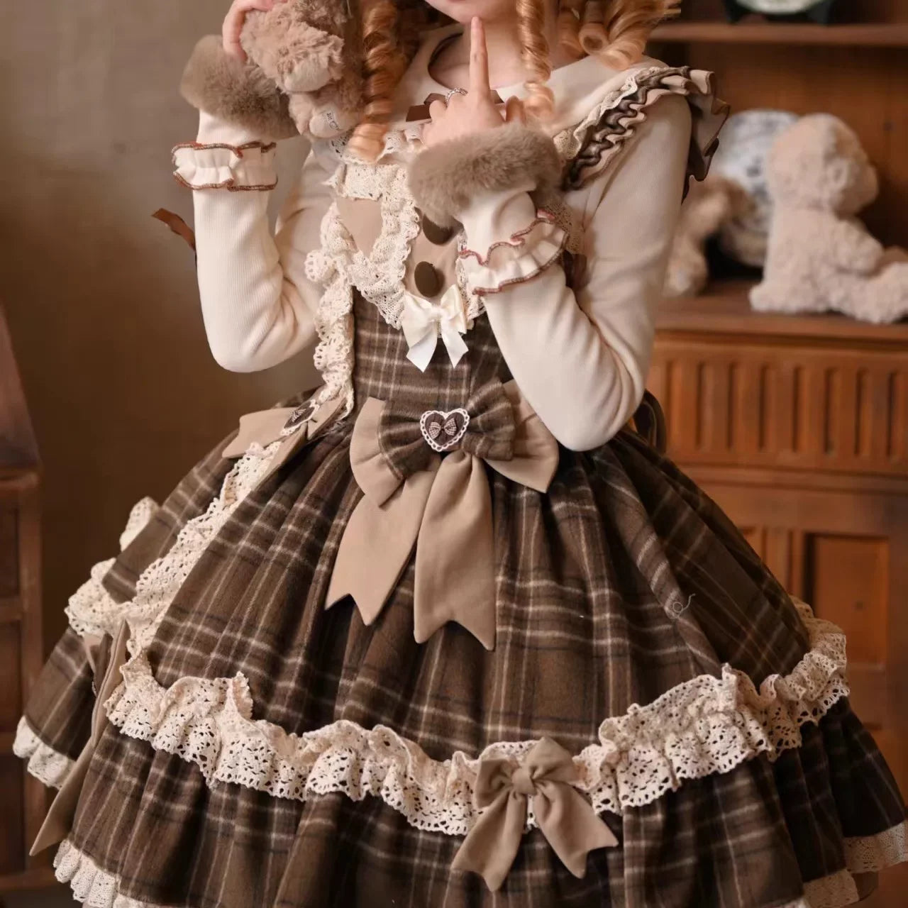 Qianmu - Choco Chestnut - Plaid Kawaii Lolita JSK Dress, Peter Pan Collar Cape