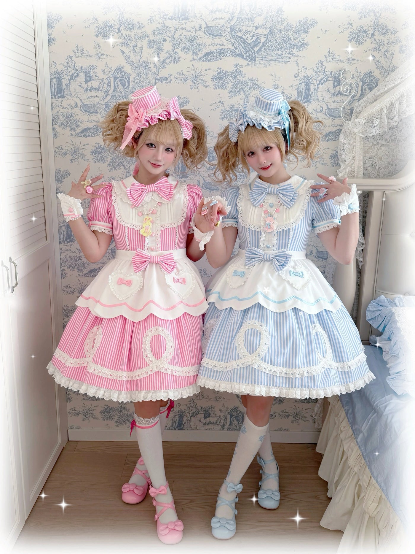 Red Sweet Lolita OP dress with white polka dots, lace trim, and heart appliqués on the apron front