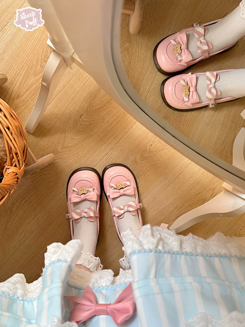 Sheep Puff Bear Uniform 2.0 low heel Lolita shoes featuring cute sheep puff design and comfortable low heel style.