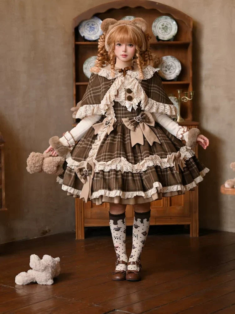 Qianmu - Choco Chestnut - Plaid Kawaii Lolita JSK Dress, Peter Pan Collar Cape