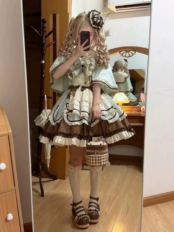 Mint and chocolate JSK with cape, bows and layered skirt