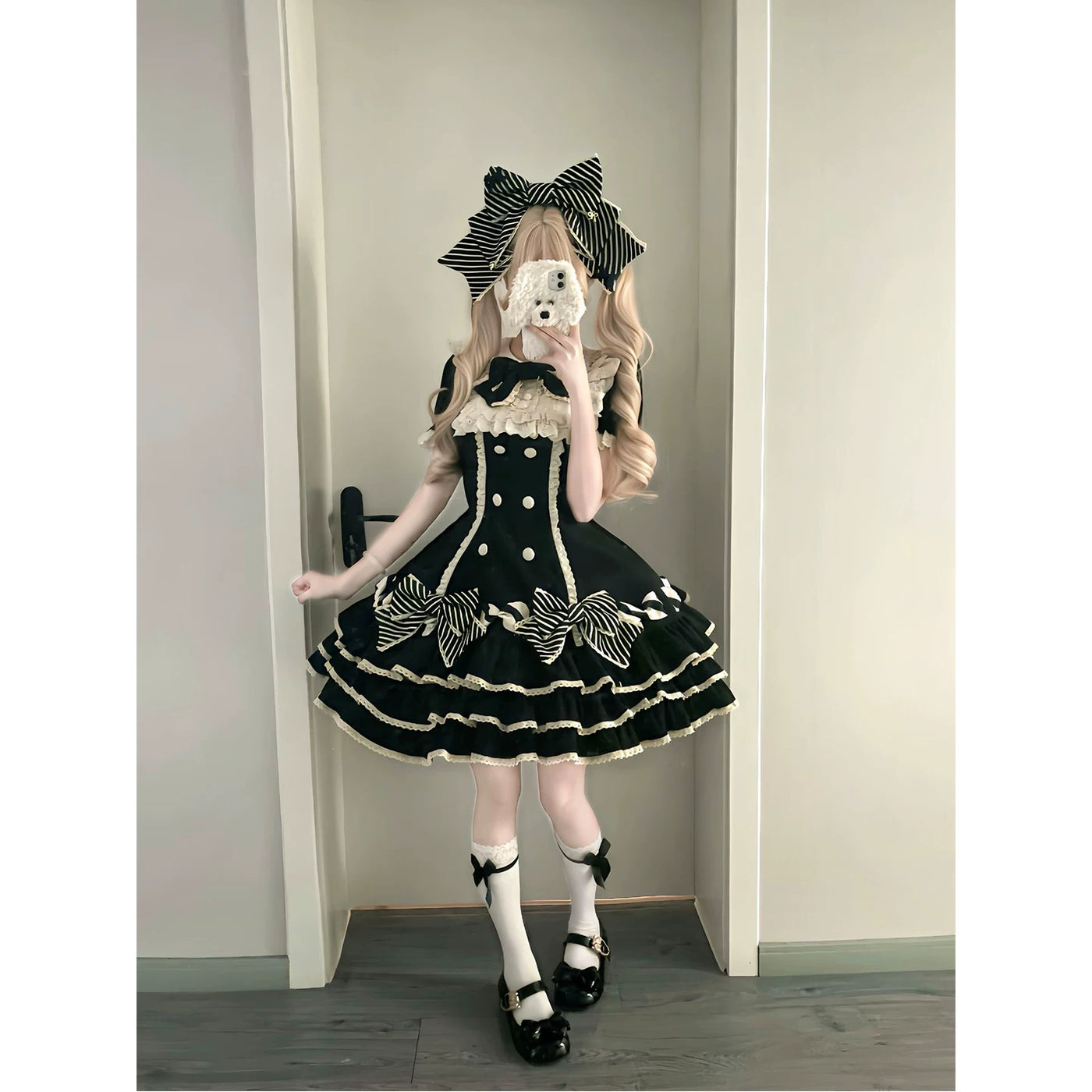 Creamy - Black Stripe - Tiered Lolita Dress with Bow Headwear