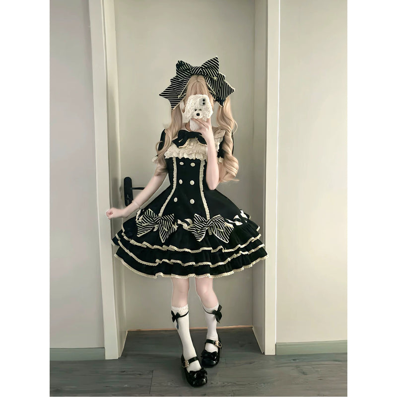 Creamy - Black Stripe - Tiered Lolita Dress with Bow Headwear