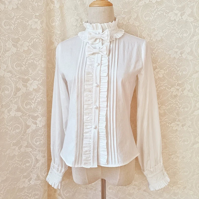 Youlan Lane - Winter Cotton - White Long-Sleeve Blouse with Lace Trim and Removable Bows - product detail 3