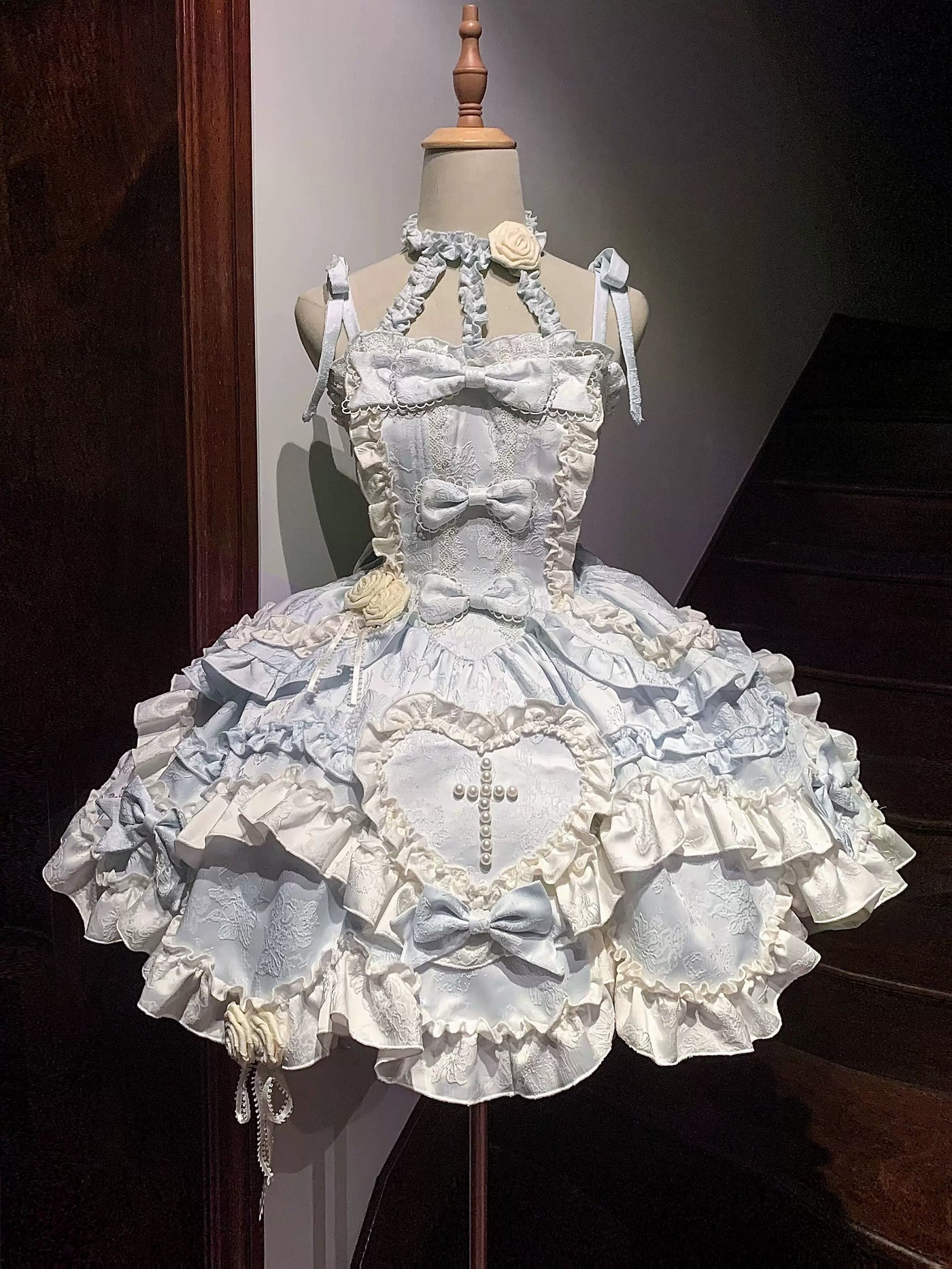 Creamy - Blue Rose Cross - Blue JSK Dress with Lace Ruffles and Pearl Cross