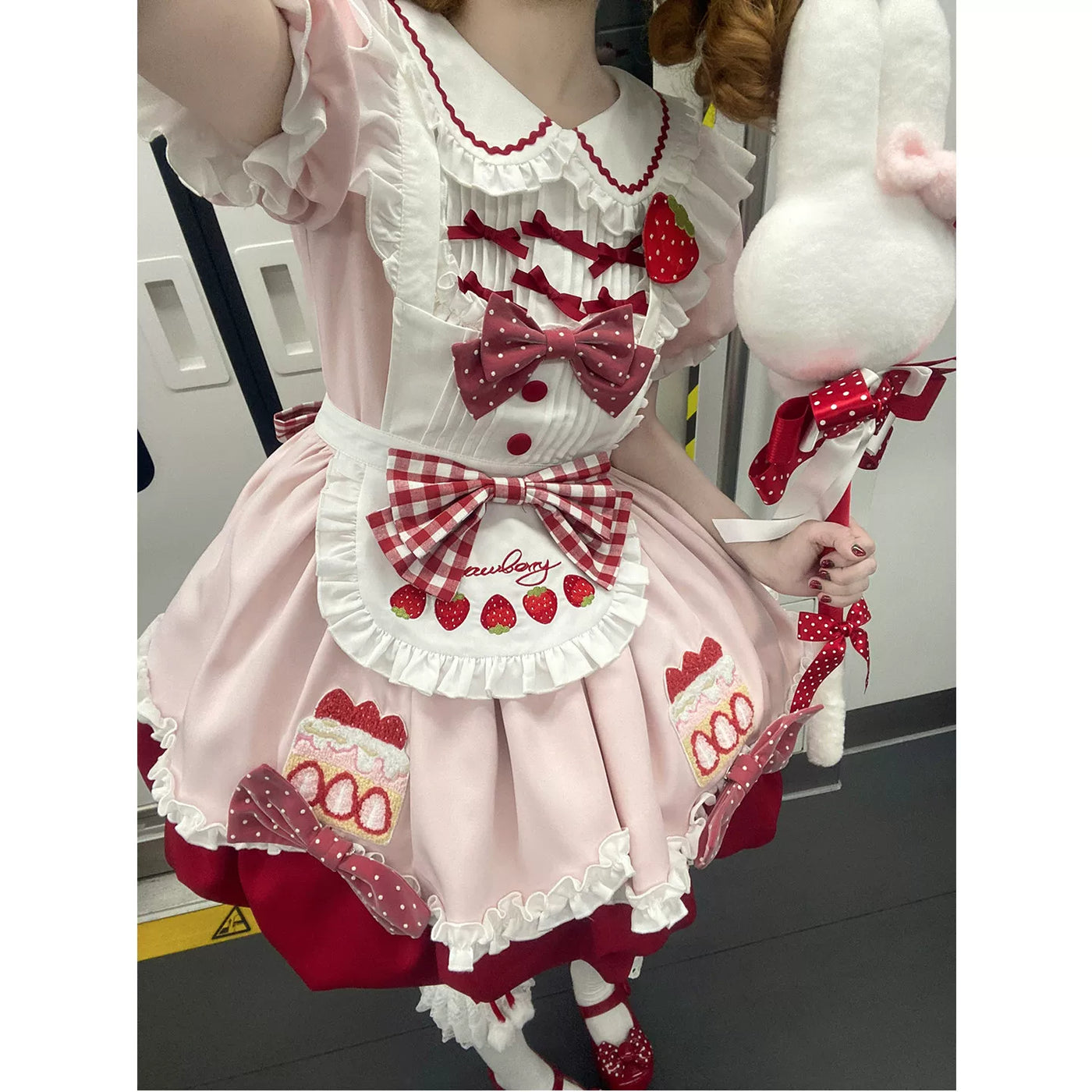 Creamy - Strawberry Doll - Pink JSK with a Ruffled Apron and Strawberry Motifs