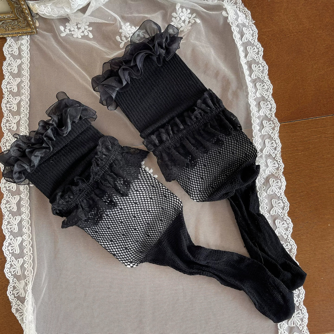 Sock Noble - Gothic Layered - Layered Fishnet Tights and Lace Stockings