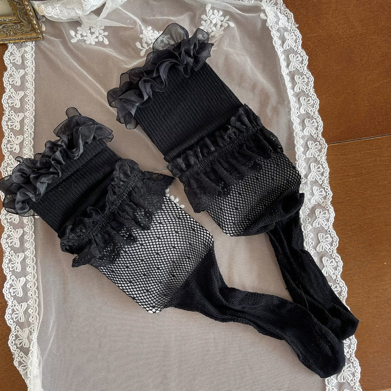 Sock Noble - Gothic Layered - Layered Fishnet Tights and Lace Stockings