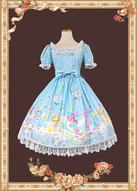 Infanta - Sleepy Bear - Printed Chiffon OP & JSK - Individual Item / OP - Light Blue - Low Print / S