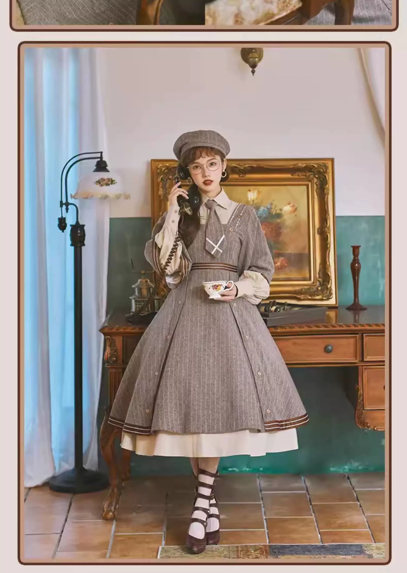 Baozi Pig brown striped detective-style OP dress with cape-like sleeves.