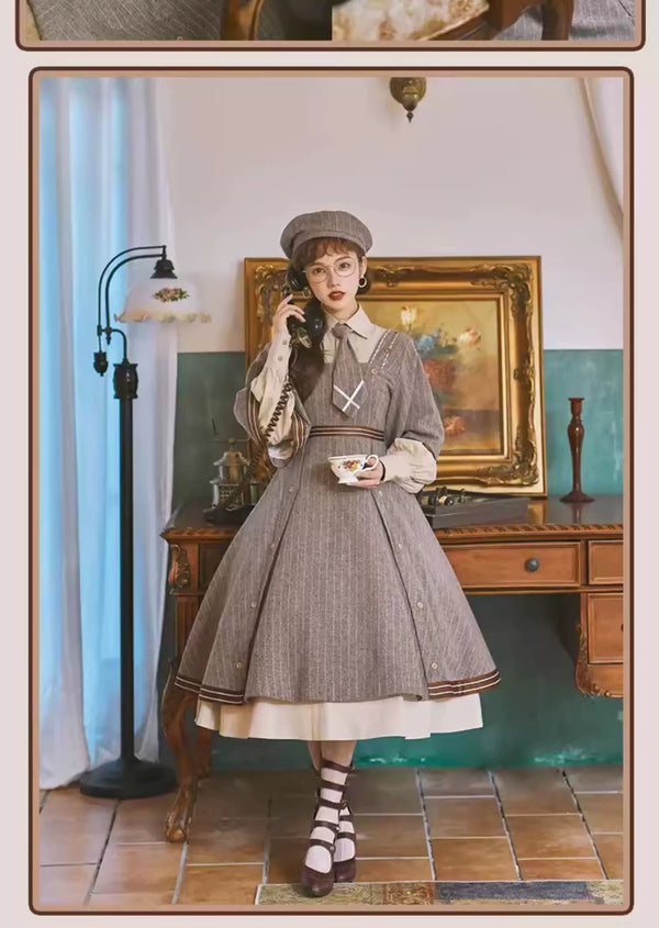 Baozi Pig brown striped detective-style OP dress with cape-like sleeves.