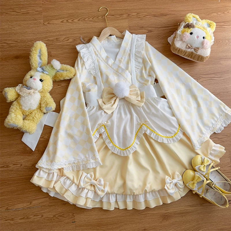 Lady Han milk pudding maid dress by Lolita Fetch, featuring a cute, pastel-colored maid costume with lace and bow details.