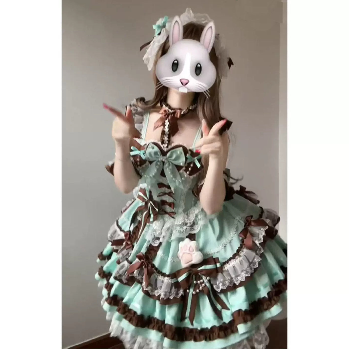 Creamy - Mint Chocolate - Mint-and-Chocolate JSK Dress Set with Ruffled Train