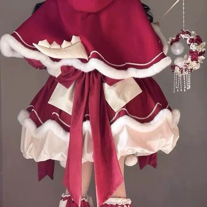 Sweetheart Dream Machine - Little Lucky Beast - Red Long-Sleeve OP Set with White Fluffy Trim