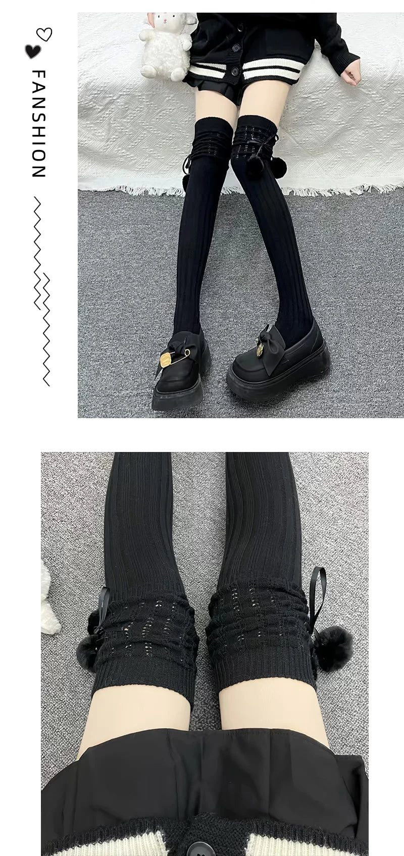 Floral Milk Cat - Pom-Pom Rib - Ribbed Thigh-High Socks with Side Pom-Poms