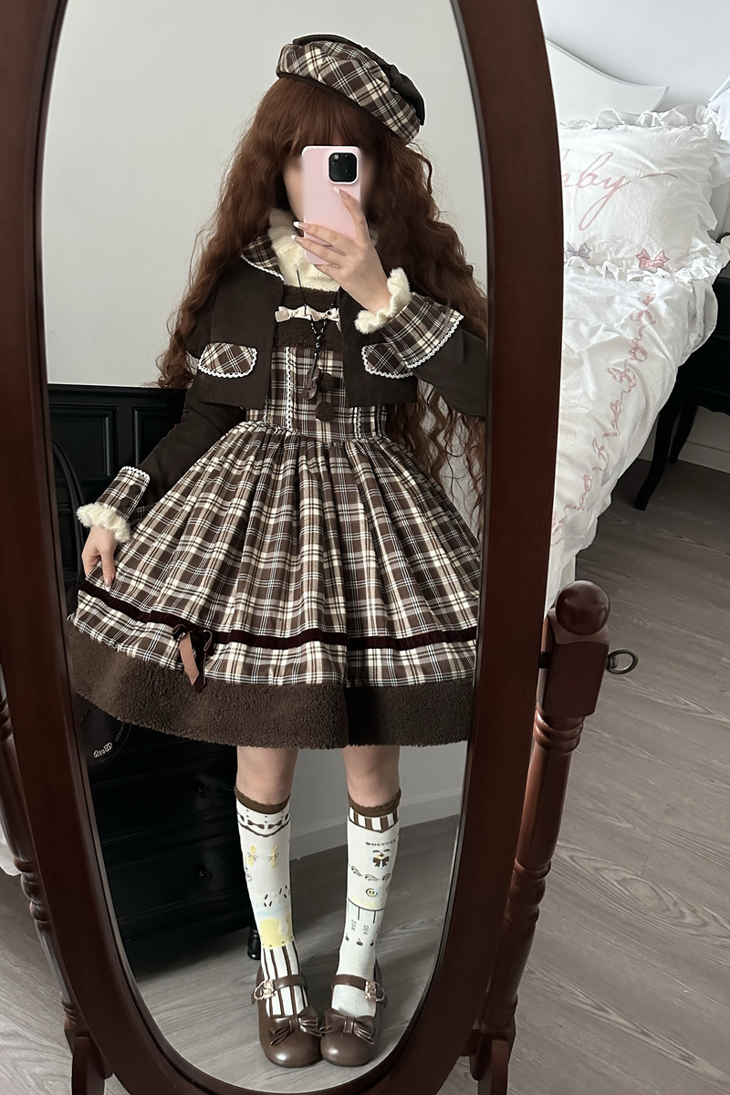 Brown plaid Lolita JSK styled with the matching cropped jacket