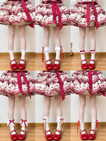 Chubby Bear Tales - Little Cherry - Red-and-white sock collection with lace and bow details