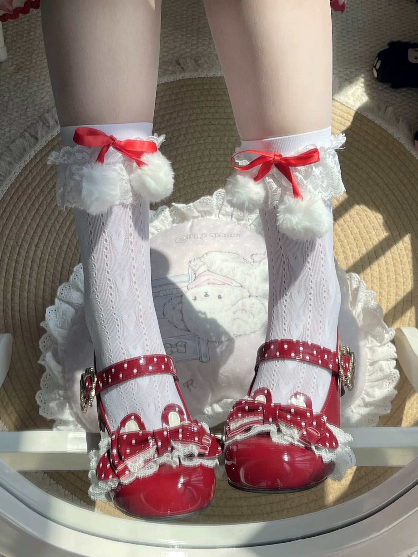 Fantasy Doll - Ribbon Pom-Pom - White Mid-Calf Socks with Lace Trim