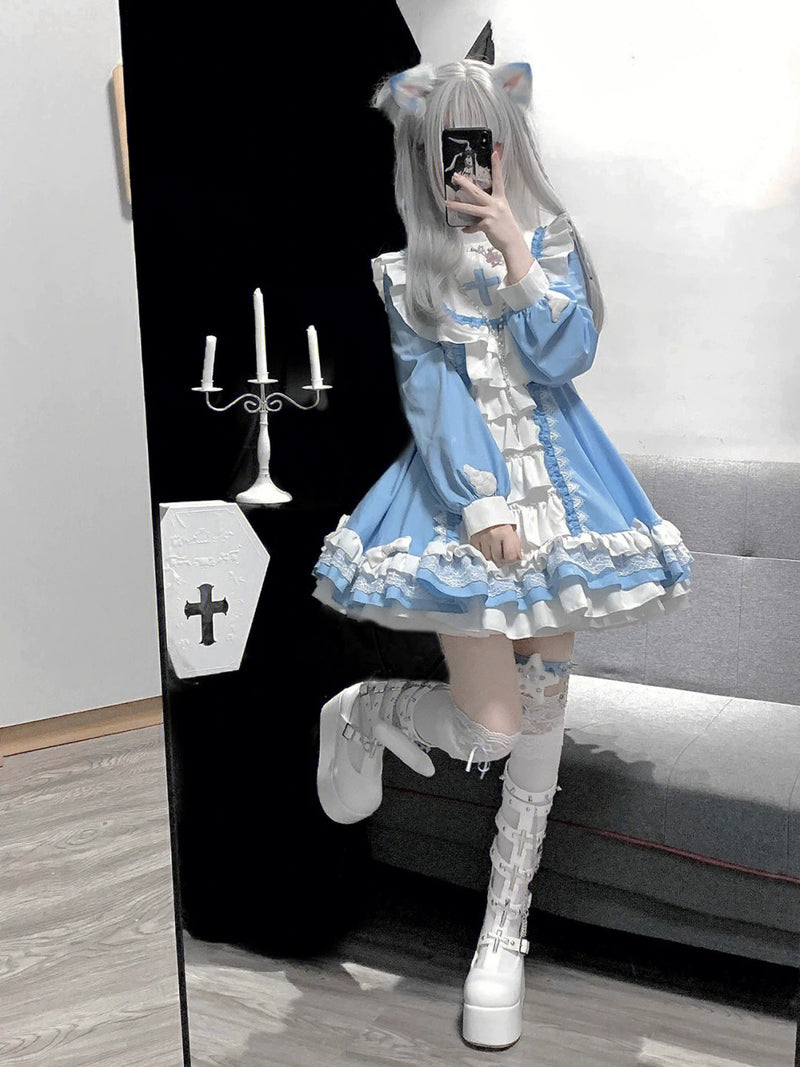 Creamy - Blue Gothic Nun - Blue and White One-Piece Dress with Lace Ruffles