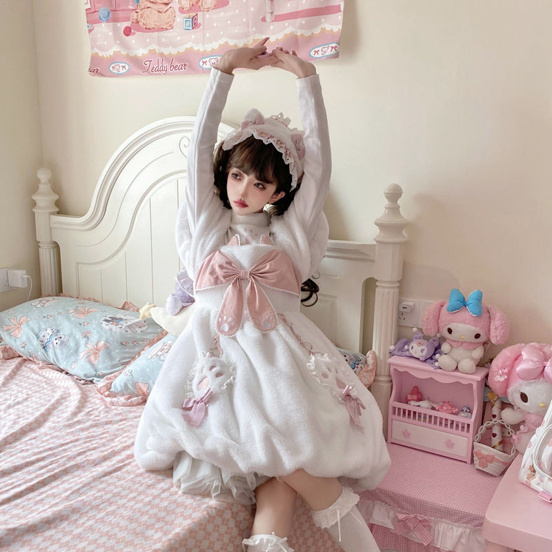 Eieyomi - Cat Planet - White-and-pink Lolita OP dress with cat-claw bows - product detail 4