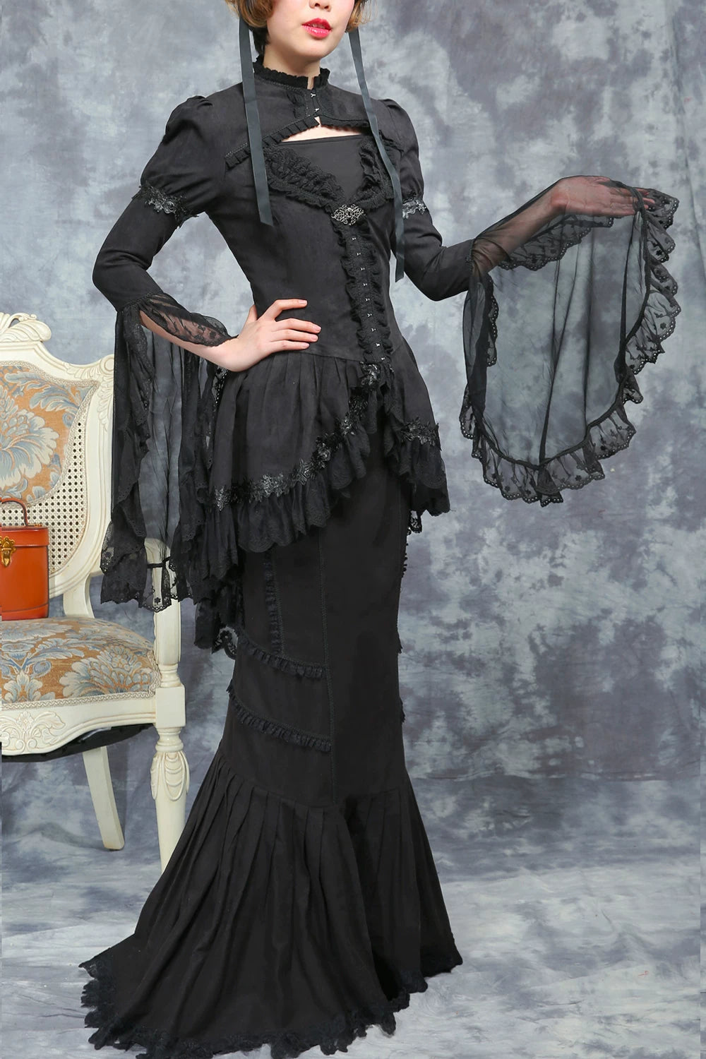 LACE GARDEN - Dark Lace - Black Mesh Outerwear and Mermaid Skirt Set with Lace Trim