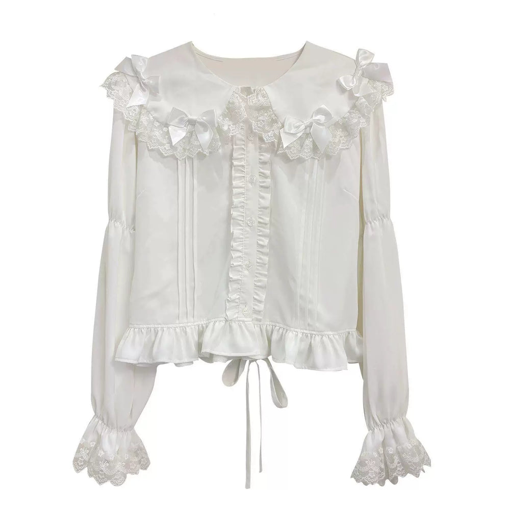 Milky white long-sleeve Lolita blouse with lace ruffles and bow details