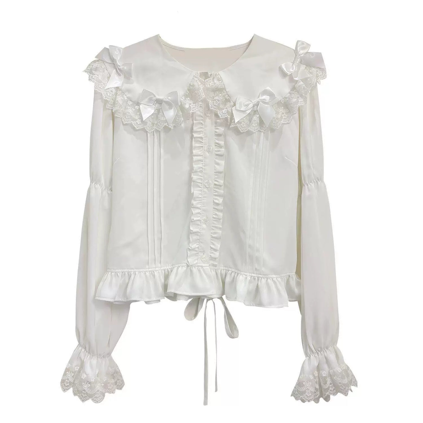 Milky white long-sleeve Lolita blouse with lace ruffles and bow details
