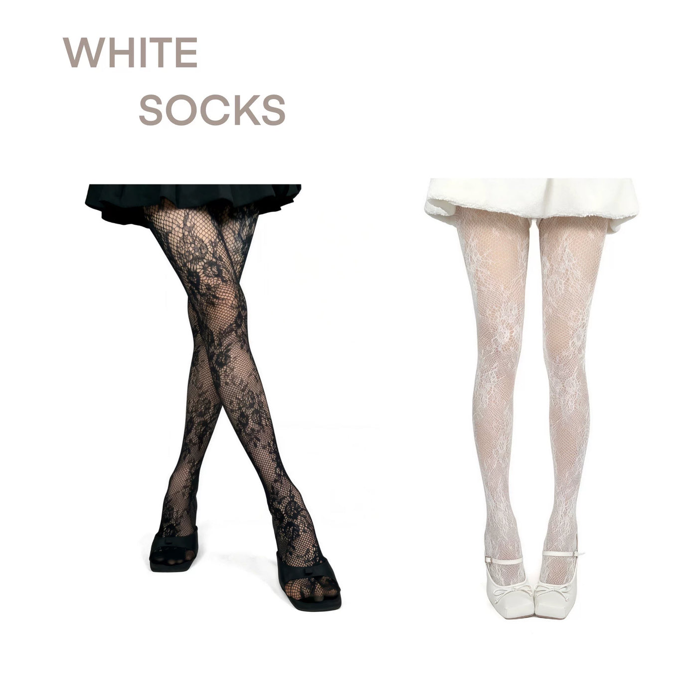 Brown floral-textured lace-mesh tights styled with a ruffled skirt and black heels.