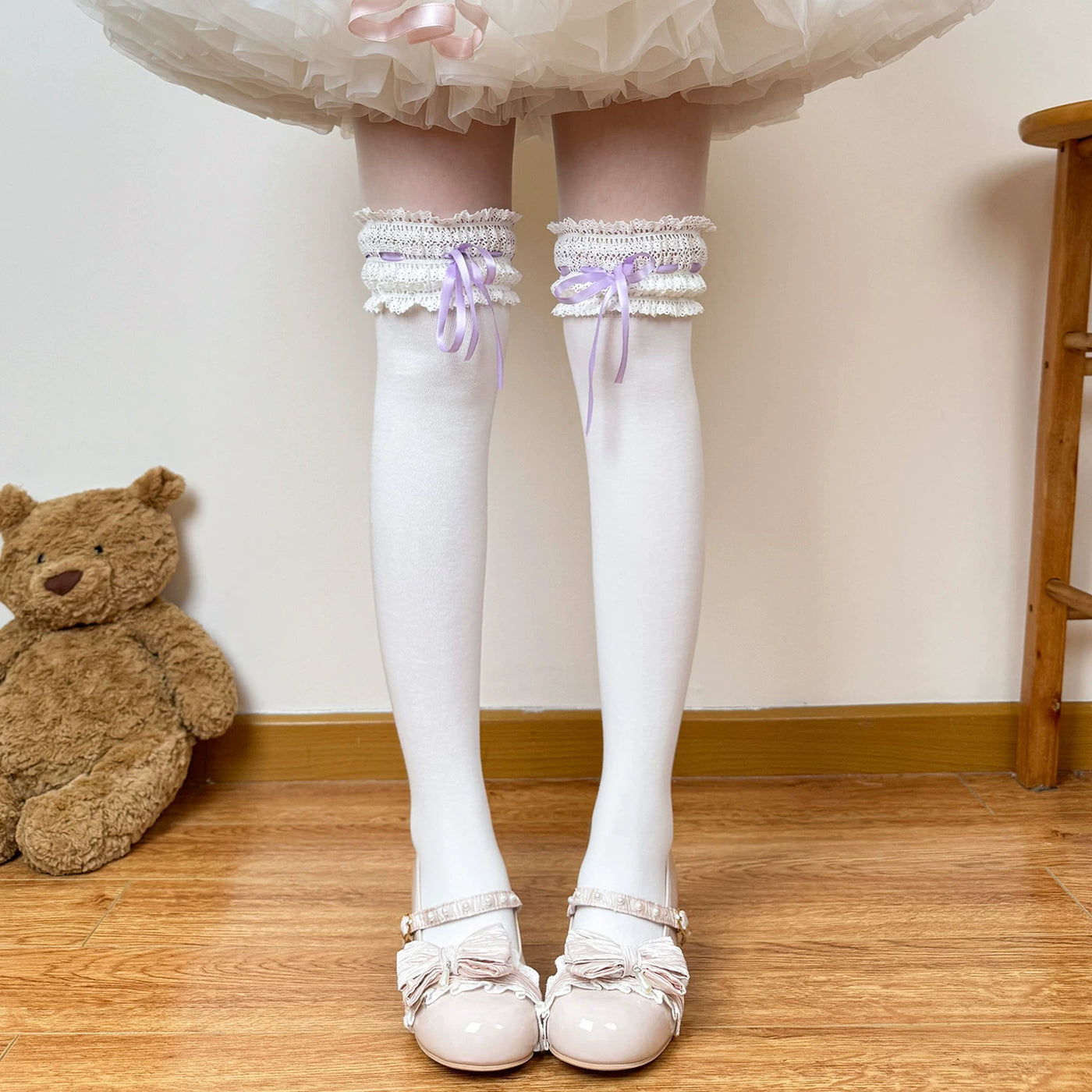 Chubby Bear Tales - Cream Ballet Ribbon - Socks with lace cuffs and tie ribbons