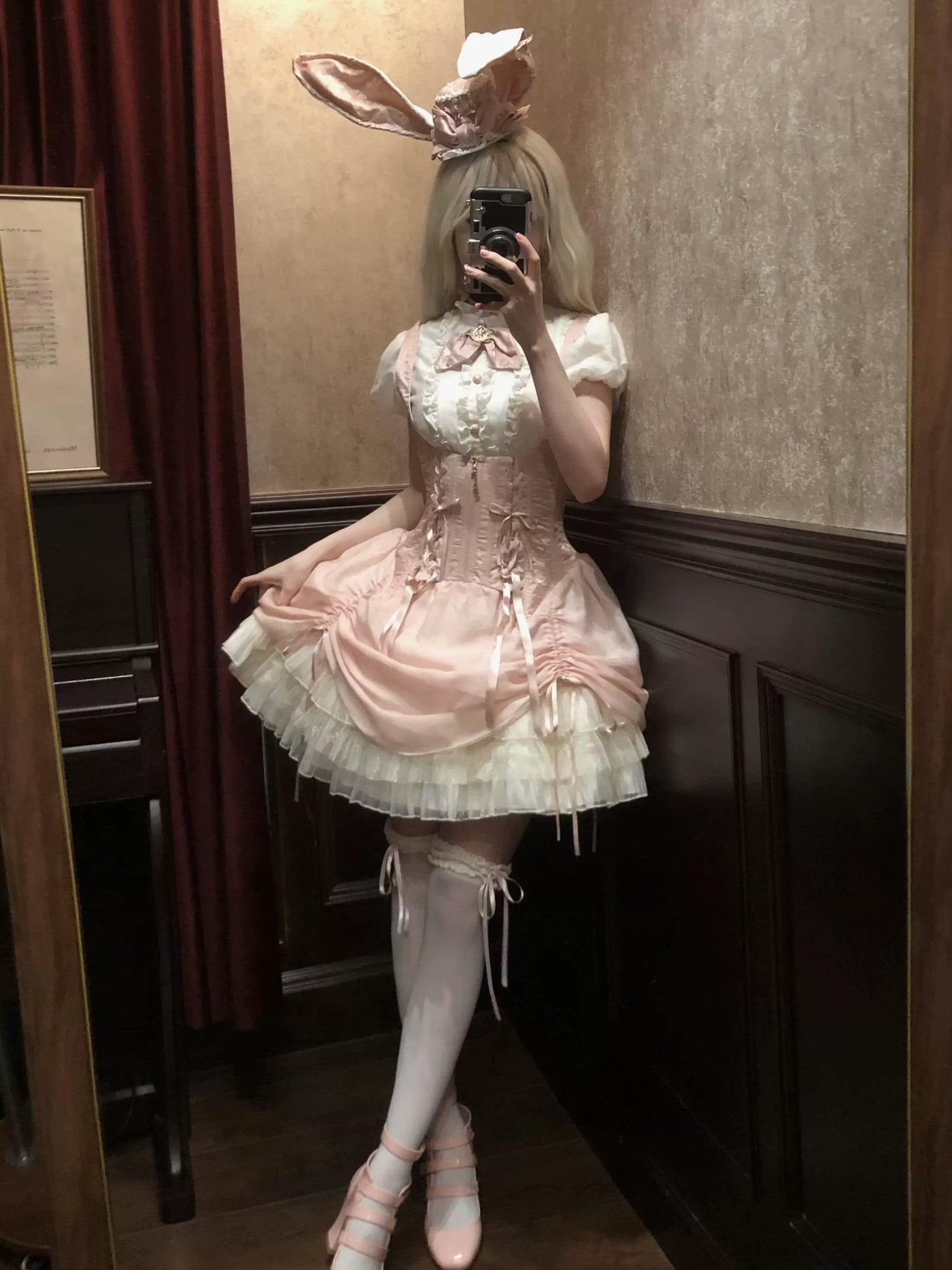 Creamy - Pink Rabbit - Pink Gothic JSK dress set with rabbit-ear hat