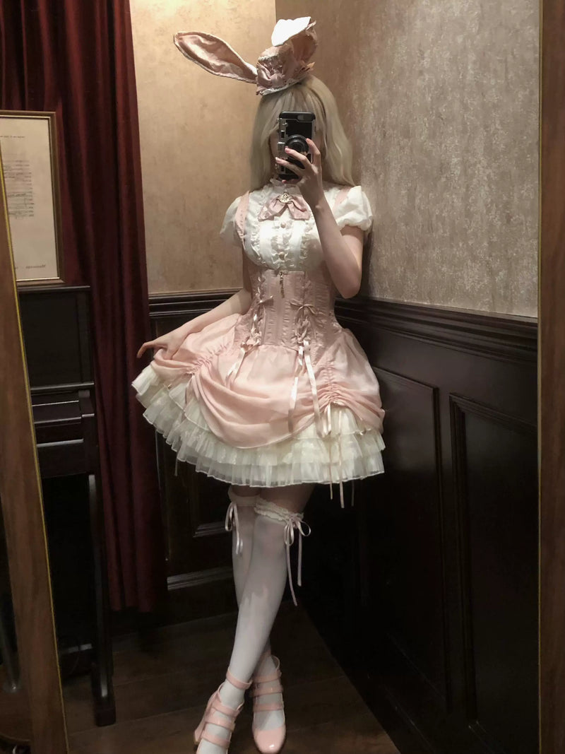 Creamy - Pink Rabbit - Pink Gothic JSK dress set with rabbit-ear hat